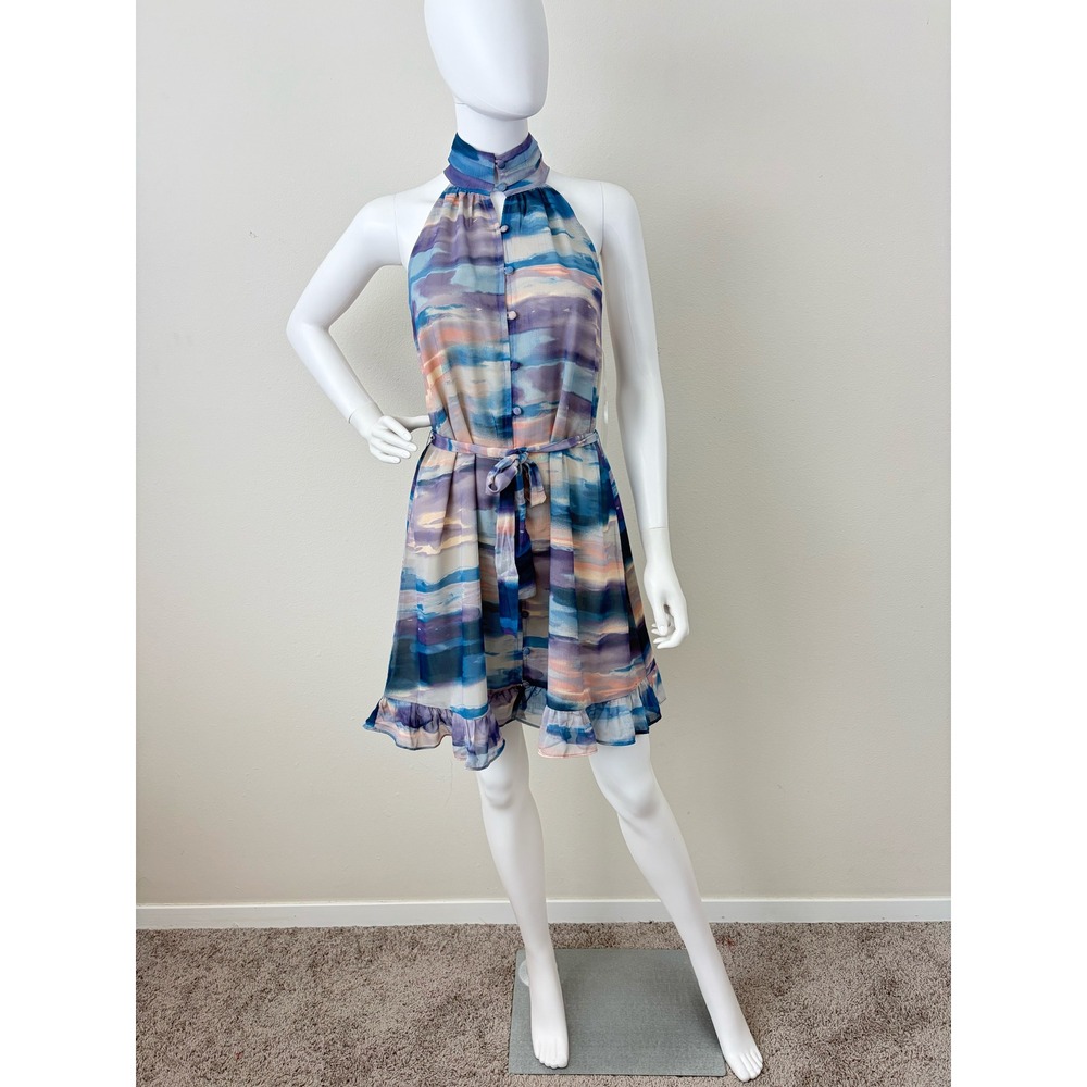 NWT Halter Mini Dress Medium Watercolor Abstract Blue Ruffle Hem Wedding‎ Guest